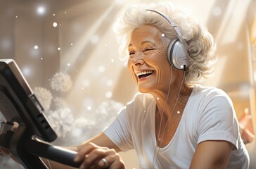 A woman radiates joy as she listens to music through her headphones at an indoor concert, her smiling face adorned with stylish clothing