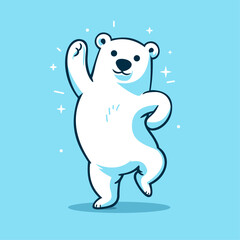 An illustration of a cute happy White Polar Bear Standing Tall on its legs, dancing with his arm up, cartoon mascot, logo vector design