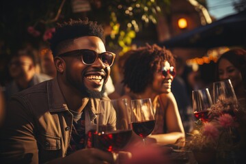 A jovial man enjoys the company of friends as he sips wine and basks in the warm outdoor setting, his contagious smile illuminating the table adorned with glasses and bottles