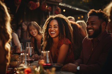 A gathering of individuals, adorned in stylish clothing, sit around a table with beaming faces and raised wine glasses, creating an intimate and lively atmosphere at an indoor party
