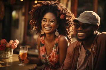 A diverse group of individuals share laughter and conversation at a table, showcasing their unique fashion accessories and clothing choices while enjoying a refreshing drink indoors - obrazy, fototapety, plakaty