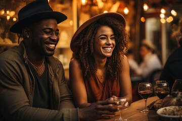 A stylish couple, adorned with fashionable fedoras and sun hats, share a drink at an indoor party while showcasing their charming smiles and impeccable taste in clothing and tableware - obrazy, fototapety, plakaty