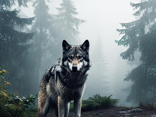 Lone wolf stalks night-shrouded woods.