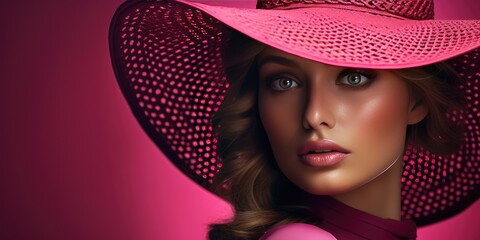 woman in a hat on pink background