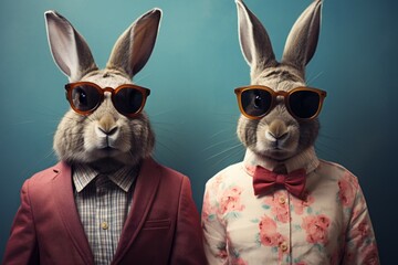 Hipster bunnies with selective focus and copy space