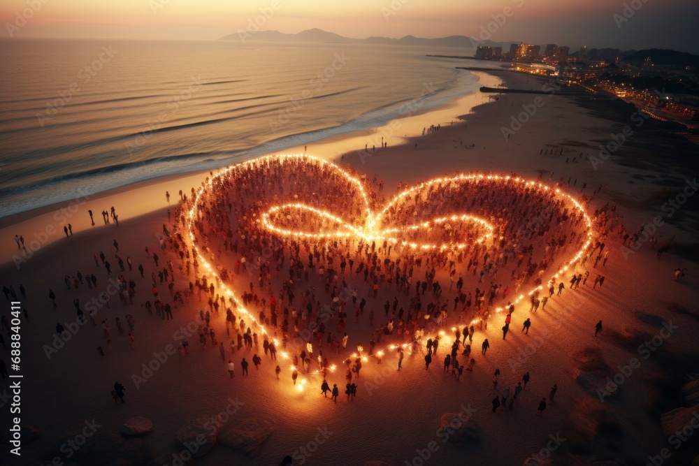 Poster crowd of people on the beach in the shape of a heart. background with selective focus and copy space