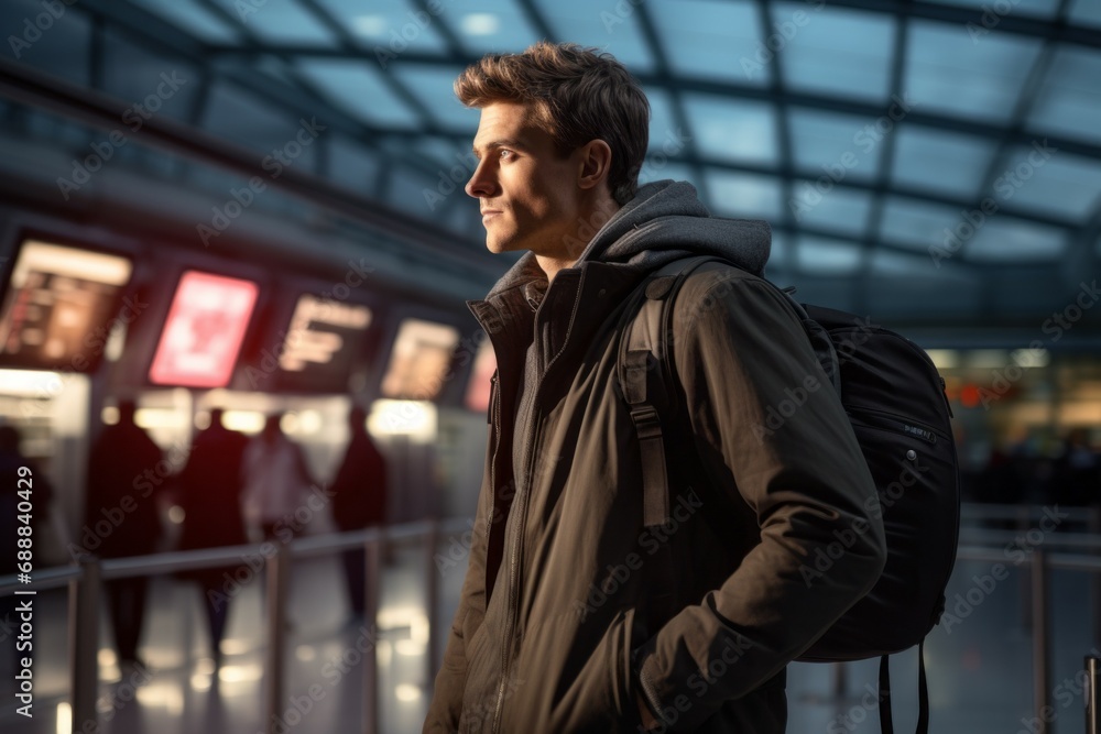 Poster man at the airport. background with selective focus and copy space