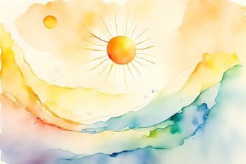 minimal watercolor wash of a stream of consciousness, sun in gradient background, whimsical dreams - obrazy, fototapety, plakaty