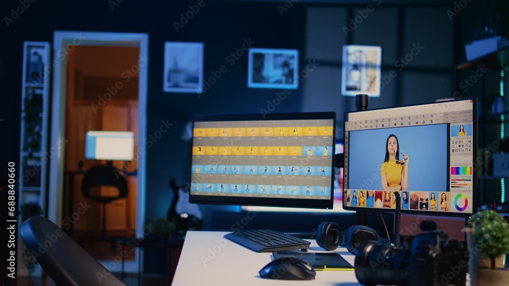 Poster creative office desk with multi monitor computer setup used for image retouching, zoom in shot. empt