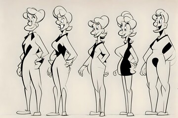 VHanna Barbera cartoon characters, full body turnaround sheet, clean lines, black and white drawings