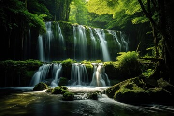 Beautiful waterfall in deep forest at summertime, Natural background, Beautiful waterfall on the island in tropical forest, Panoramic beautiful deep forest waterfall