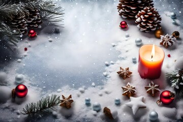 Winter christmas candle with snow and copy space