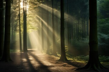 Morning mist in the forest, Mysterious dark forest with sunbeams shining through the trees, Dark forest with fog and rays of light in the morning.