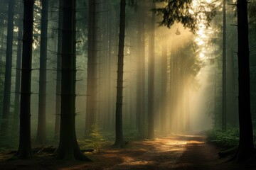 Foggy morning in the forest with sunbeams and rays, Morning mist in the forest, Sun rays in woods, Sunbeam light Spring time, Spectacular morning sun light rays in the forest