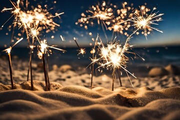 Sparklers at the beach for New Year or party with copy space - obrazy, fototapety, plakaty