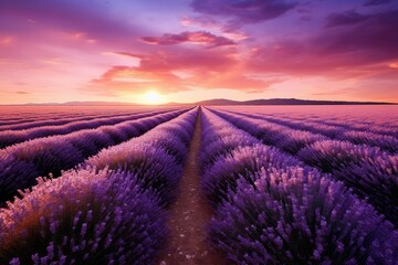 Lavender flower field at sunset in Provence, Rows of purple lavender in height of bloom, Lavender field summer sunset landscape