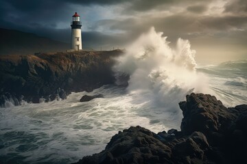 Fototapeta na wymiar A captivating shot of a solitary lighthouse standing tall against crashing waves, Lighthouse on the north coast of Iceland, Toned image, Crashing waves against lighthouse