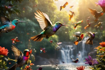 Colorful hummingbirds flying over waterfall in tropical forest, Wildlife scene from tropic jungle, Two birds sucking nectar from flowers, Wildlife Photography, tropical forest - obrazy, fototapety, plakaty