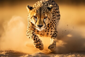 Fototapeta premium Cheetah running towards camera, Cheetah running in the sand - Acinonyx jubatus, A Cheetah running through the Savannah.