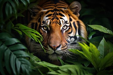 majestic tiger standing in the middle of the forest, Wildlife Animals, Close up of a tiger in the jungle, royal bengal tiger staring towards the camera from inside the jungle