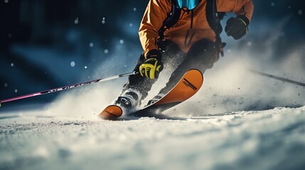 Skier's legs during descent close-up - obrazy, fototapety, plakaty