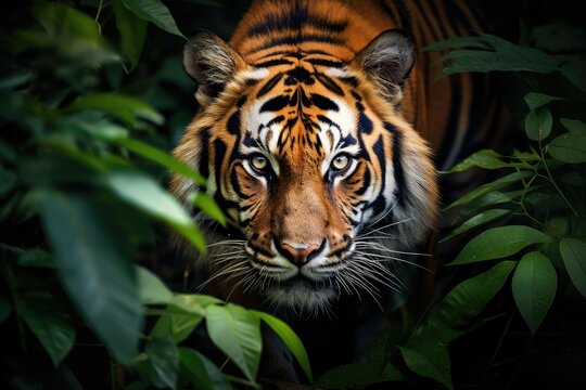 Close up of a tiger in the jungle, Sumatra, Scary looking male royal bengal tiger staring towards the camera from inside the jungle, Image of a majestic tiger
