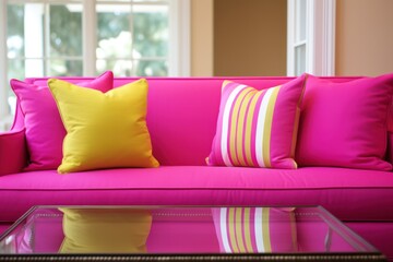 Bright pink couch with vibrant yellow and striped cushions in a sunny room with large windows and reflective glass table.