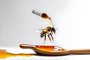 bee dripping honey from a wooden spoon in front of a white background, white lighting, studio light, 8k, octane