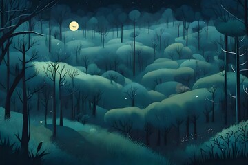 pixar style illustrated, bird view of a forrest at night ,dark stron fog,playful, cute a - obrazy, fototapety, plakaty