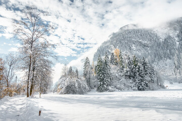 Wanderweg in einer winterlichen Landschaft im Zillertal in Tirol