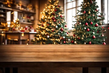 Wood table with blurry christmas tree and fireplace background with copy space - obrazy, fototapety, plakaty