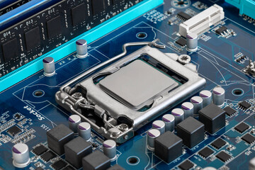 CPU installed on a motherboard, parts, components, Computer equipment maintenance concept.