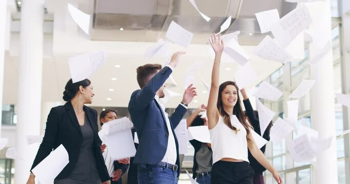High five, success or happy business people throw paper into air in meeting, victory or deal. Winning, employees or excited team in celebration of target, profit growth or goal with office paperwork