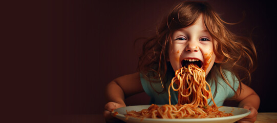 Cute Young Girl Eating a Plate of Spaghetti with Space for Copy