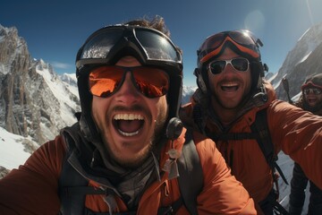 Couple of man skiers in snowy mountains
