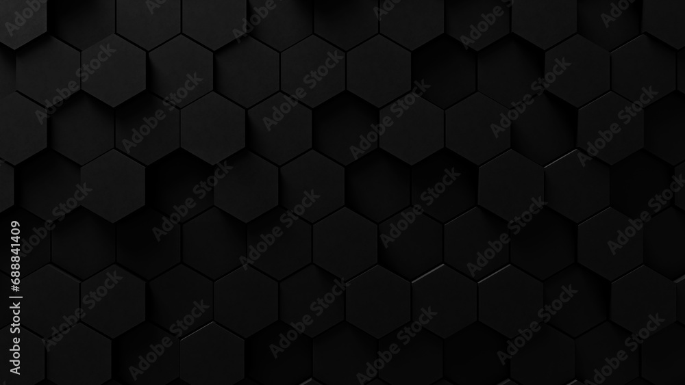Poster 3d black abstract dark color background backdrop wall made of black hexagon polygons, empty space wall background, black wall 3d black forms seamless pattern, minimal dark backdrop 3d visualization