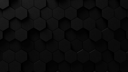 3d black abstract dark color background backdrop wall made of black hexagon polygons, empty space wall background, black wall 3d black forms seamless pattern, minimal dark backdrop 3d visualization - obrazy, fototapety, plakaty