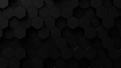 Fotobehang 3d black abstract dark color background backdrop wall made of black hexagon polygons, empty space wall background, black wall 3d black forms seamless pattern, minimal dark backdrop 3d visualization © Hanna