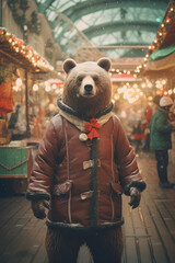 Bear enjoying the Christmas market at night in the city. Festive atmosphere. Happy New Year greetings.