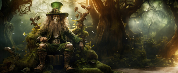 Surrounded by lush clovers in a magical woodland, a leprechaun finds a cozy seat on a stump, weaving a festive tapestry that epitomizes the joy and wonder of St. Patrick's Day - obrazy, fototapety, plakaty