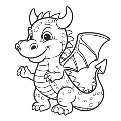 happy small dragon cartoon, line art, coloring