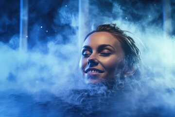 A contented woman smiles blissfully in a thermal bath, steam rising from the warm water, capturing the joy of relaxation and rejuvenation