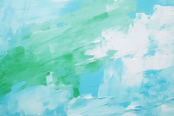 Abstract acrylic painting with strokes of turquoise and green on a textured white canvas.