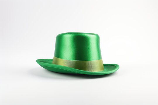 A whimsical leprechaun hat takes center stage against a pristine white background, a playful symbol that encapsulates the festive spirit of St. Patrick's Day with its vibrant green and charming allure