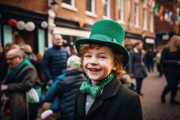 The city street becomes a canvas of joy as a young boy, adorned in a leprechaun hat and festive St. Patrick's Day clothing, strolls with laughter, radiating the innocence   - obrazy, fototapety, plakaty