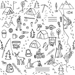 Camping items. People are sitting around the fire. Vacationers in the wild. Fishing rod, grill tent, compass, axe, backpack, footprints.