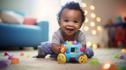 Fototapeta na wymiar Portrait of a happy black child playing on the floor with toys on light white blurred flare colorful background