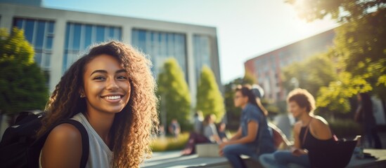 Diverse international students outdoors in the city during summer, including a beautiful African American female student. - obrazy, fototapety, plakaty