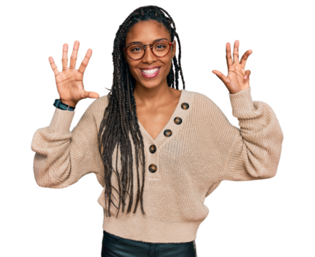 African american woman wearing casual clothes showing and pointing up with fingers number nine while smiling confident and happy.