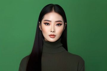 Portrait of a Woman in Turtleneck in front of green background 